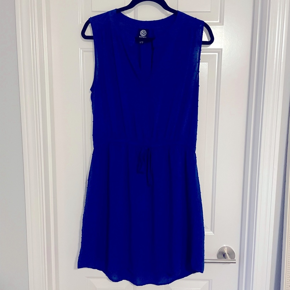 Bobeau Blue Textured Dot Tie Waist Dress